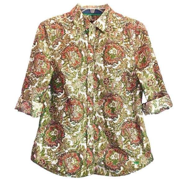 Talbots Tailored Jacobean Floral Paisley Top in Gold/Green/Orange Women’s 6P - Picture 1 of 12